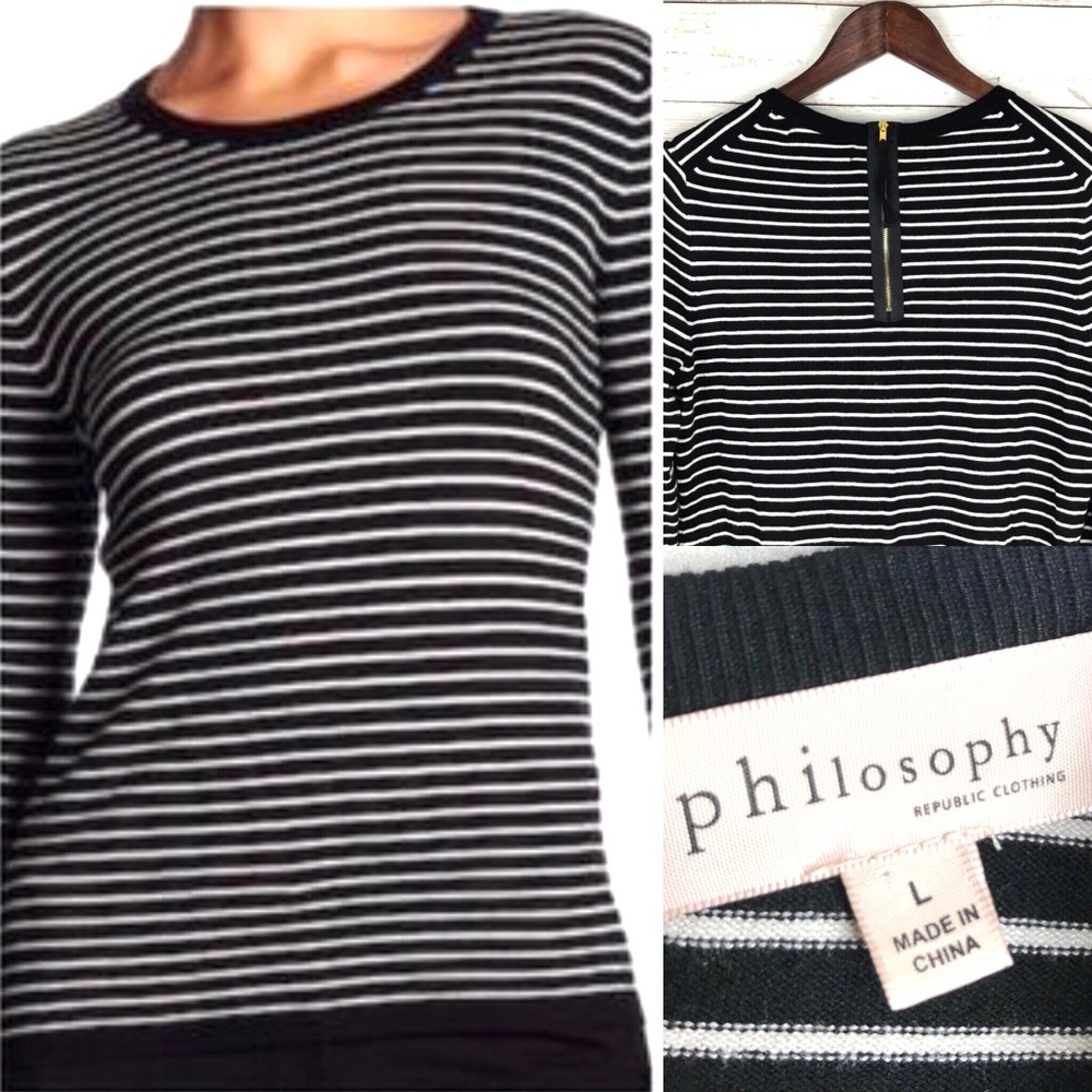 Philosophy Black White Striped Stretch Sweater L